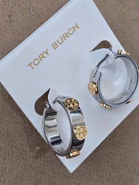 Tory Burch Two-Tone Silver Hoop Earrings with Gold Logo Accents
